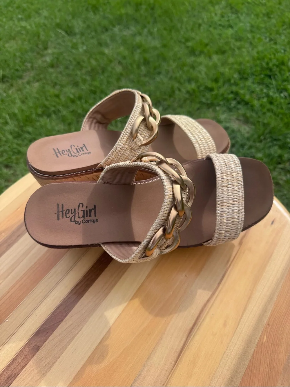 Ladies Corkys Hey Girl Woven Cork Wedge Sandals in Natural